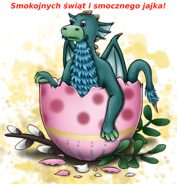 The same picture but with red text "Smokojnych świąt i smocznego jajka" - could be translated as "Dragoning holidays and dragony egg".