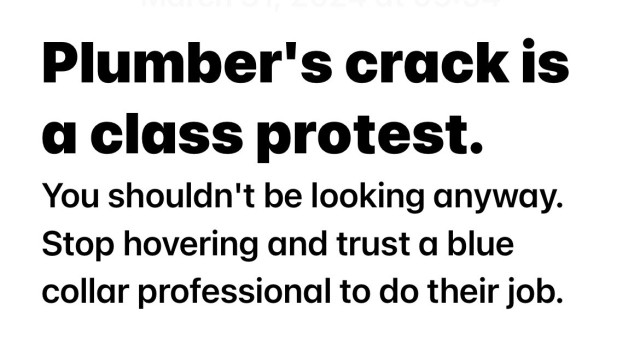 Plumber's crack is a class protest. You shouldn't be looking anyway. Stop hovering and trust a blue collar professional to do their job.