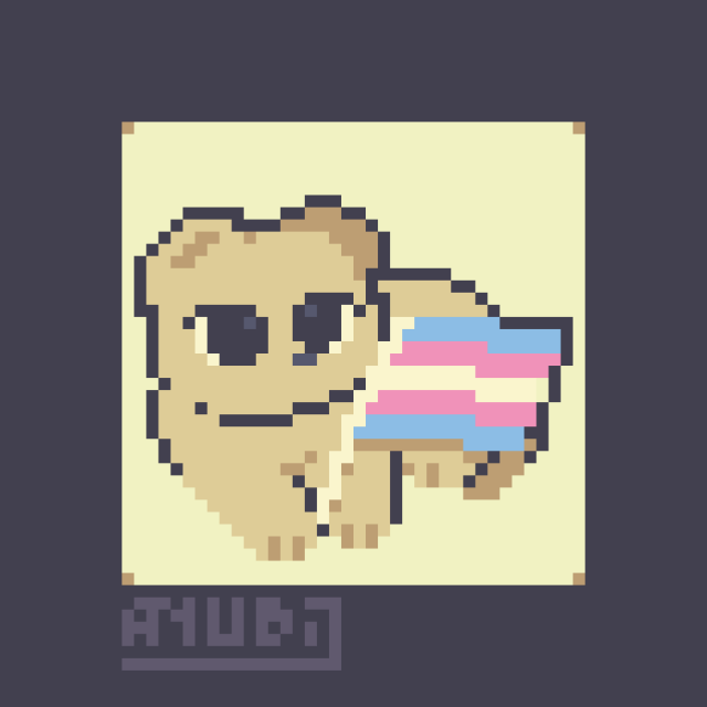 A Pixel Art Redraw featuring a cat lying on the floor, staring to the right side of the image, while holding a trans flag between their paws.
