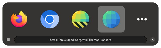 A screenshot of Junction.

There is a row of 5 icons.

Firefox, Chromium, GNOME Web Canary, GNOME Web, and a symbolic dot dot dot icon.

Below there is a row with a menu button, a text entry with a wikipedia url and a close button.