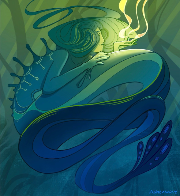 Illustration of a swamp mermaid in their natural habitat in green colors. They have a very long tail and body adorned with some bioluminescent markings. They are looking up at the surface of the water, illuminated by their magical song.