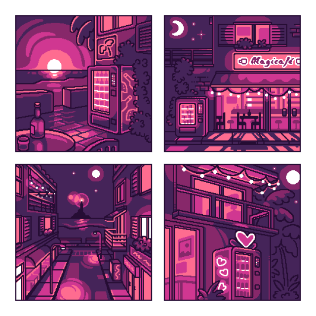 4 small illustrations representing different vending machines on the street, at night or at dawn, and by the beach.