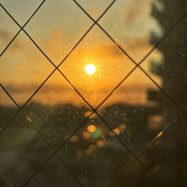 Sunset viewed through a window with a diamond grid pattern and water droplets on the glass.
