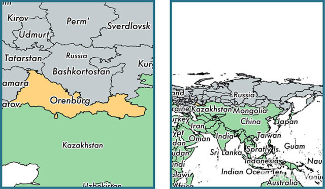 Political map showing location of Orenburg, Russia, bordering Kazakhstan

Source:
https://www.worldatlas.com/img/world-state/orenburg-oblast-administrative-region-russia.jpg