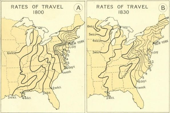 Rates of travel, 1800. Rates of Travel 1830, pushed back to the mountains.
