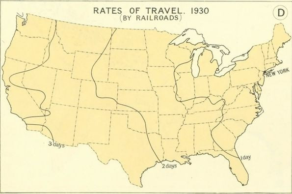 Rates of travel 1930 - the railroad network is now established and it takes only a few days to travel across the entire US.