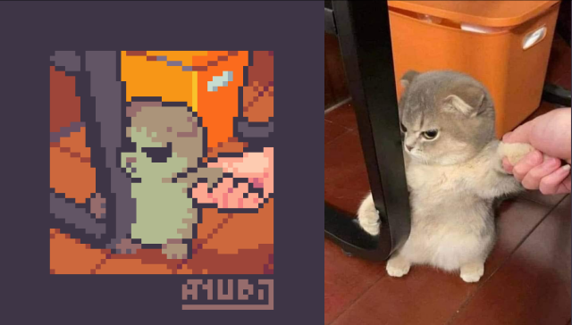A pixel art redraw (and image) of a kitty with an angry expression, being grabbed by a hand from someone off-screen. The cat is holding onto the chair, not wanting to go with the human. Let them stay here, human!