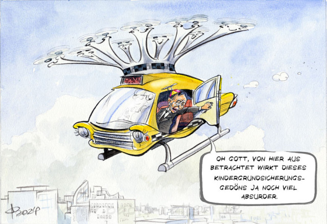Karikatur. Verkehrsiminister Wissing sitzt in einem gelben Flugtaxi und blickt auf die Stadt hinab. Auf dem Kopf trägt er eine Mütze mit Propeller. Er spricht: "Oh Gott, von hier aus betrachtet wirkt dieses Kindergrundsicherungsgedöns ja noch viel absurder."