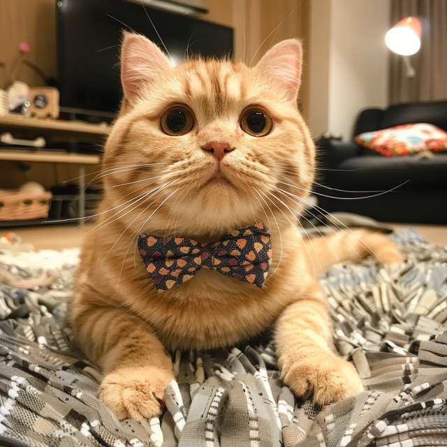 An adorable orange tabby cat looking directly at the camera with wide, expressive eyes. The cat's fur is a warm golden hue, with distinctive tabby stripes that add character to its appearance. Adding a touch of charm, the cat is wearing a bowtie patterned with heart shapes, giving it an air of dapper sophistication.

The cat is resting comfortably on what looks like a cozy, textured blanket, with a homey living room setting in the background, complete with a couch and a TV stand. The domestic setting and the pet's well-groomed look suggest a well-loved companion animal, enjoying the comforts of a caring home. The direct gaze and relaxed posture of the cat invite engagement, evoking a sense of connection with the viewer.