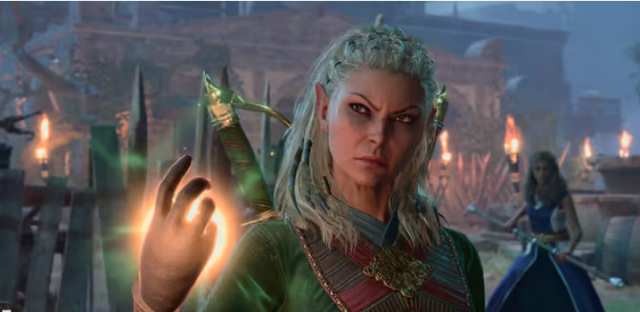 Grumpy lady elf, swords on her back and one hand full of magic, about to fuck you up
