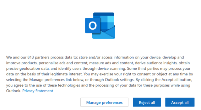 A pop-up banner from Outlook informing us that they will be sharing our data with their 813 partners.