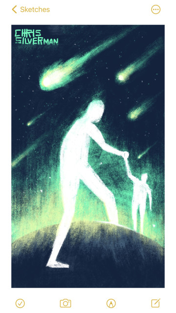 A tall, glowing white figure stands astride the curved horizon of a dark planet, reaching over to touch hands with another glowing white figure, this one slightly smaller, on the other side of the planet. There is an eerie green auroral glow on the horizon. Above, many green-tailed meteors hurtle through a starry sky. Anyone who remembers browsing the web in the late 1990s might be reminded of something.