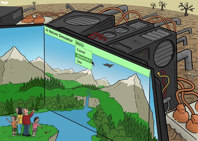 Cartoon showing a family standing, smiling and posting, in a beautiful mountain landscape. The landscape, however, is created by giant computer screens. The top menu on one of the screens reads ‘AI Nature Simulator, with a drop-down menu with the options ‘Forest’, ‘Mountains’ and ‘Sea’. The cursor is hovering over the option ‘Mountains’. Behind the screens, we can see a jumble of giant servers, cables and power cords standing in a desolate landscape with a few dead trees in the background. Large pipes go from the servers into the cracked ground to extract cooling water.