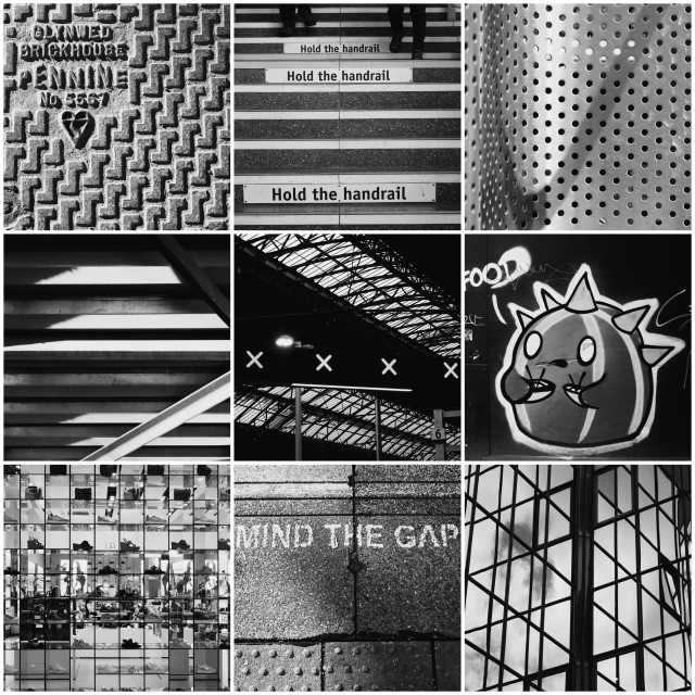 A collage of nine black and white images featuring various textures and urban scenes: a manhole cover, staircases with "Hold the handrail" signs, a metal surface with holes, contrasting light and shadows on stairways and beams, a graffiti of a comic character, a shoe shop window display, a Mind the Gap warning sign and reflective windows