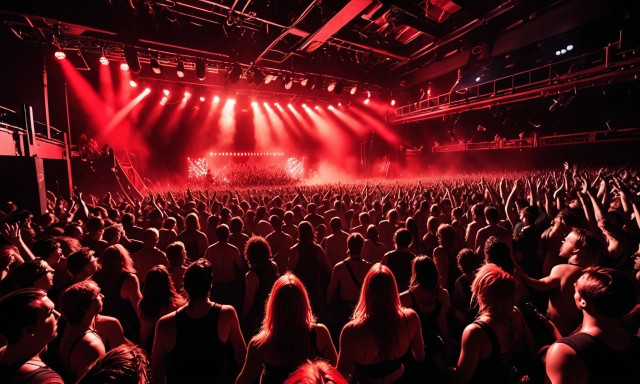 A crowd of people at a concert with red stage lights.