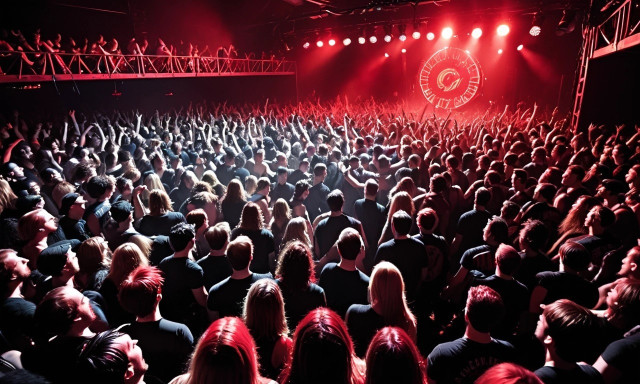 A crowded concert venue with an audience watching a performance, hands raised, with stage lights in the background.