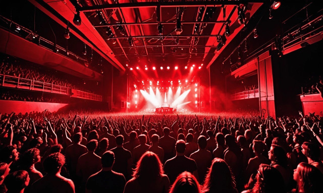 A concert hall with a large crowd of people facing a brightly lit stage with red lighting.