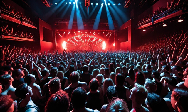 Crowd of people at a concert enjoying the show with hands raised against a stage with bright lights.