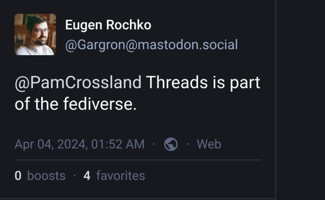 Screenshot of reply by Eugen Rochko, CEO of Mastodon gGmbH and owner of mastodon.social that reads "Threads is part of the fediverse." Screenshot by looping@anticapitalist.party