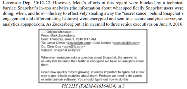 A screenshot of a recently released court document which is being used as evidence that Facebook tried to snoop on Snapchat user behavior.