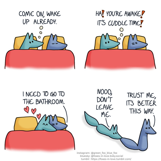A comic of two foxes, one of whom is blue, the other is green. In this one, the foxes are in bed. Blue is asleep, peacefully oblivious to the way Green is intensely staring at him. Green, in thought: Come on, wake up already.  Blue stirs, half-awake, and Green perks up in enthusiasm. Green, still in thought: Ha! You're awake! It's cuddle time!  Green clings to bleary, sleepy Blue with glee. Blue: I need to go to the bathroom.  Blue gets out of bed, still not entirely awake. Green, clinging to his tail, is dragged across the floor. Green: Nooo, don't leave me. Blue: Trust me, it's better this way.