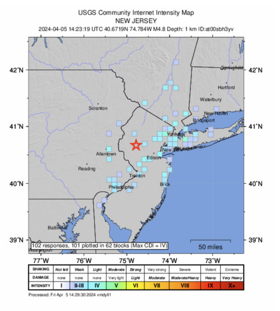 A screenshot from the USGS website showing a map centered on New Jersey, with a star representing the recent earthquake epicenter, and sparse data points showing reported earthquake intensity from citizen reports.  Most indicate weak or light shaking and no damage, which is 2-4 on the perceived intensity scale.