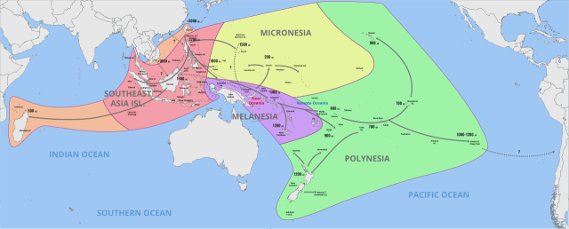 Chronological dispersal of Austronesian people across the Pacific

License: CC By-SA 4.0 by Pavljenko

Source: https://commons.wikimedia.org/wiki/File:Chronological_dispersal_of_Austronesian_people_across_the_Pacific.svg

