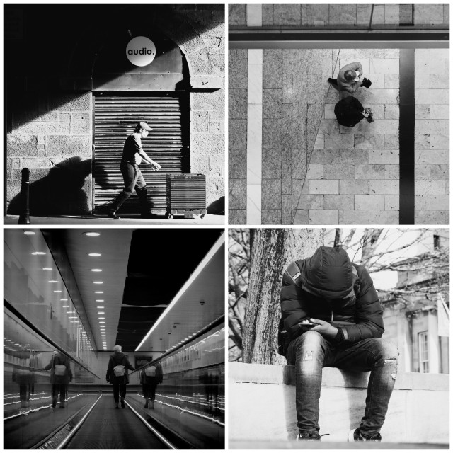 Collage of four black and white images depicting urban scenes: Top left shows a person walking past a shuttered storefront who appears to be being stalked by his own shadow; top right is an aerial view of two individuals between lines in a shopping centre; bottom left illustrates a person walking on a moving walkway in a subway and bottom right shows a man fast asleep while sitting on a bench and holding his cellphone