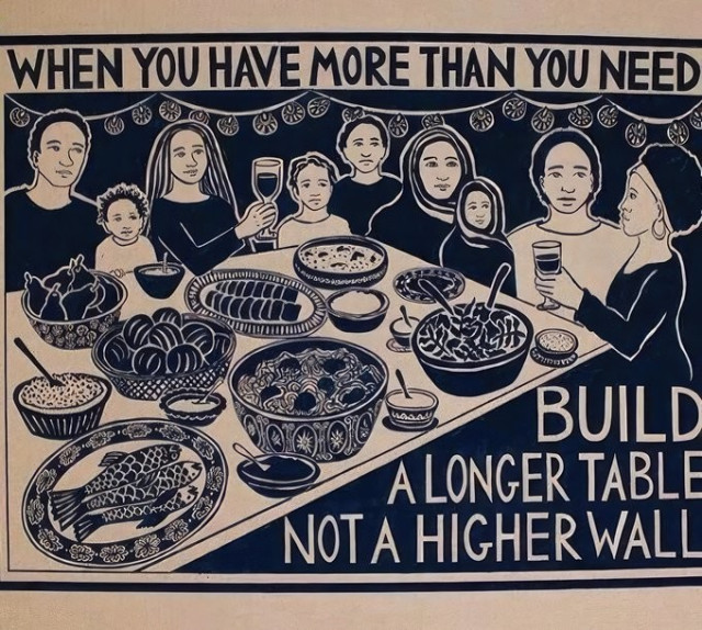 Stylised simplified drawing in black and white.  A large dinner table with various dishes, fruits and other food.  Around are adults and children, representing many countries and faiths.  Two are raising a glass of wine to each other.  Text read
WHEN YOU HAVE MORE THAN YOU NEED
BUILD A LONGER TABLE
NOT A HIGHER WALL