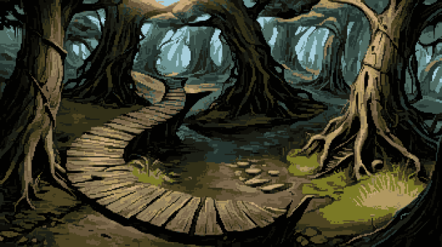 Pixel art of the venerable wispwood, etched by the hand of time, stands as a testament to the eternal dance of light and shadow. Here, whimsy reigns, with ancient trunks twisted into surreal silhouettes against a sky unseen. Fleeting wisps, like brushstrokes of pure luminescence, beckon travellers into the heart of this enchanted thicket. A labyrinth of life, where paths unfurl in sinuous invitation, each winding way lit by a procession of radiant sprites. The forest breathes a symphony of silent songs, its notes the rustle of leaves and the soft tread of those who wander amidst its splendour. Colours bleed and blend, a vibrant palette warped by the dreams of nature, as reality yields to the fervour of expressionism. In this realm, perspectives shift, bending the mind's eye until the world is reimagined - a tapestry woven from the very essence of fantasy and flux.  