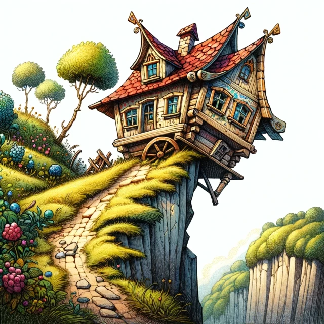Crooked little cottage perched precariously on the edge of a cliff 
Storybook illustration 
Machine Learning Art AI Art