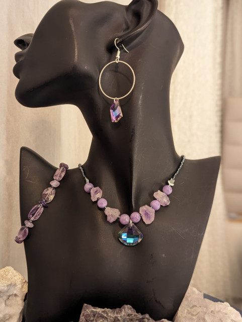 Photo of amethyst and Angelita gemstones beaded set with lilac glass soft triangle pendant and silver loop earrings with pink light blue rhombic pendant