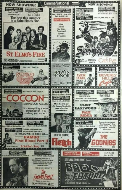 Ash sheet of paper with various movies from 1985