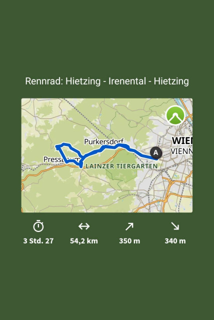 Kartenausschnitt mit gefahrener Rennradroute (Hietzing - Irenental - Hietzing) über den Wienerwaldsee, darunter die Tourdaten (3:27 h, 54,2 km, 350 Höhenmeter)