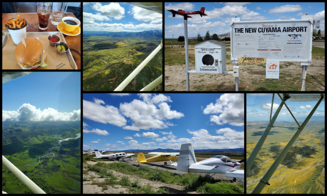 Collage of pictures, clock-wise from top-left: lunch at Cuymam Buckhorn restaurant, valley around New Cuyama, L88 airport, Flower bloom from the air, airplanes parked at L88 with mountains in the background, green landscape and water with clouds hugging the ridges.