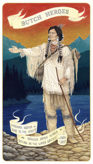 Image: Kaúxuma Núpika standing in male Kutenai clothes over a stone field fron of a blue river, green forest and mountain landacpae, and orange sunset. 

Text: Butch Heroes: Kaúxuma Núpika ('Gone to the Spirits') / Qánqon Kámek Kláula ('Sitting in the Water Grizzly') (c.1780s-1837)