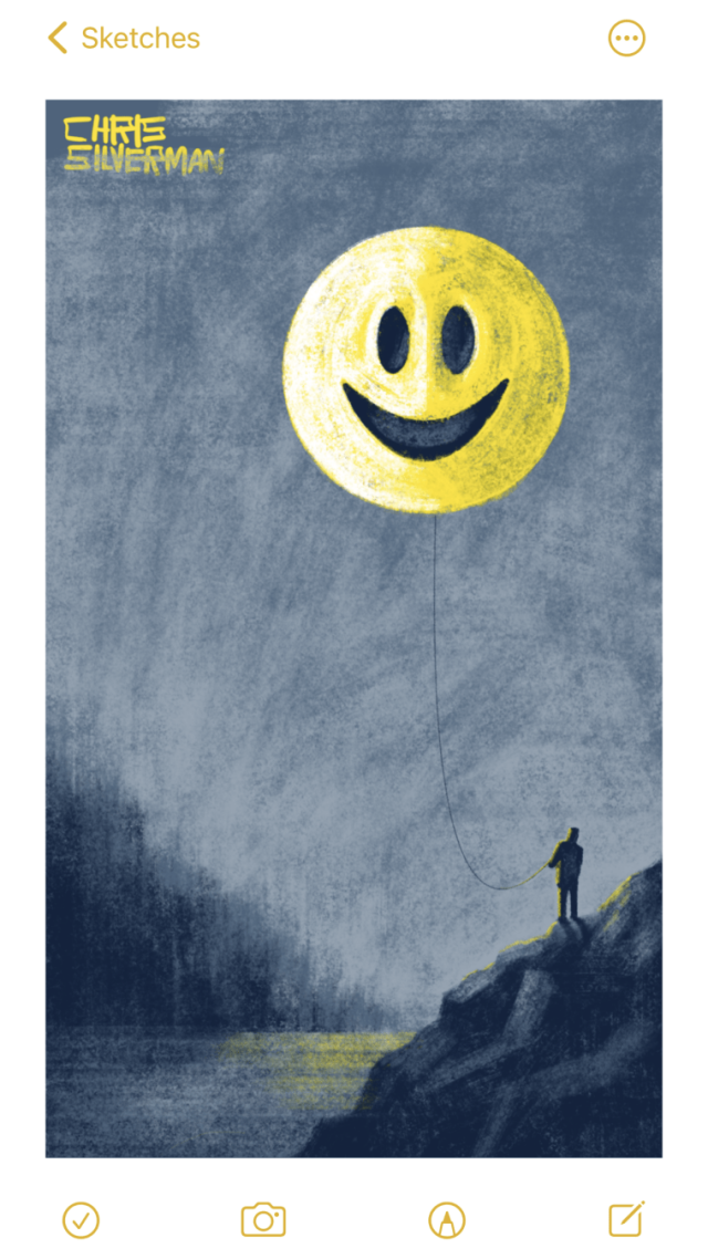A dark, cloudy night. In the foreground is a bare, rocky hillside overlooking a flat plane. In the distance, but not too far away, is the wooded slope of another hill. Someone is standing on the rocky hillside, holding a long cable. The cable curves up to where an enormous yellow smiley-face hangs in the sky. Yellow light from the face is reflecting off the person and the plane. Most of the drawing is gray and black, except for the yellow smiley-face.