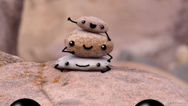 The pebbles, smooth ovals, are stacked on top of a large boulder, with more blurred boulders in the background. They are all pink except for the small, flatter pebble at the bottom which is paler. The three small pebbles have face and arms drawn on. They look happy, and are slightly supporting themselves on the right, as they lean slightly that way. The tops of two big eyes belonging to the boulder are just visible at the bottom.