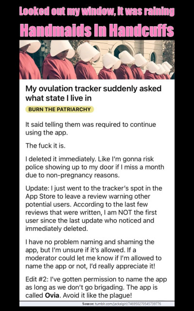 A screenshot of a Reddit user posting that her ovulation tracker suddenly asked what state she lives in, and would not let her continue using the app without that info. "I deleted it immediately." 

Above the screenshot is some memestyle text saying "Looked out my window, it was raining handmaids in handcuffs" above a graphic of ten handmaids from The Handmaid's Tale.
