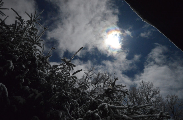 Night sky in winter - a band of clouded dark blue sky runs diagonally across the photo, the moon in the centre with rainbow halo. Below left are snow covered small pine trees. Top right the line of a snow-covered roof.