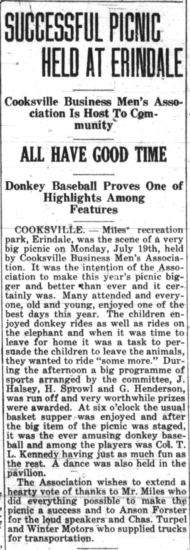 A scanned version of a 2-paragraph newspaper article: "Successful Picnic Held at Erindale. Cooksville Business Men's Association is Host to Community. All Have Good Time. Donkey Baseball Proves One of the Highlights Among Features."