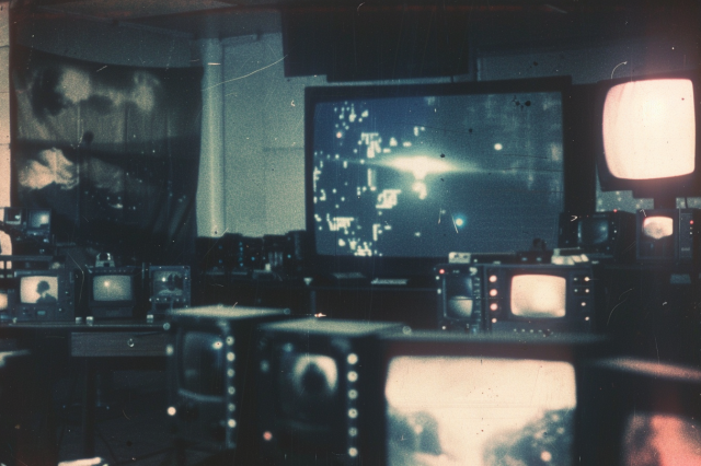 A darkened room full of CRT monitors of different sizes, which appear to be showing mysterious video footage of cityscapes or individuals