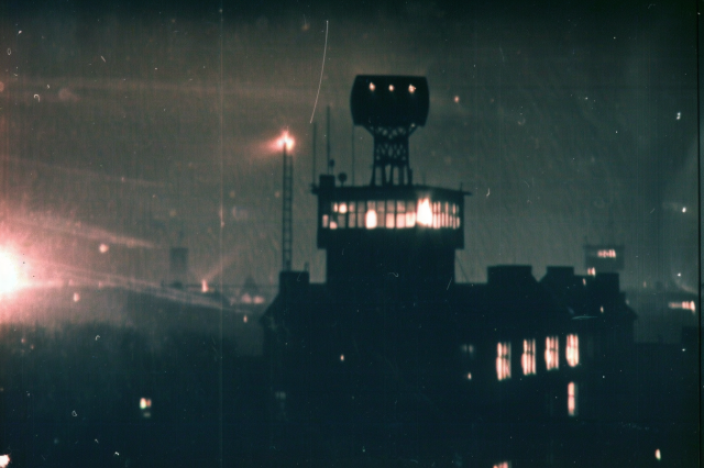 A watchtower on the roof of a large building at night, with electronic eavesdropping equipment including a large box array. The windows are lit, indicating active surveillance