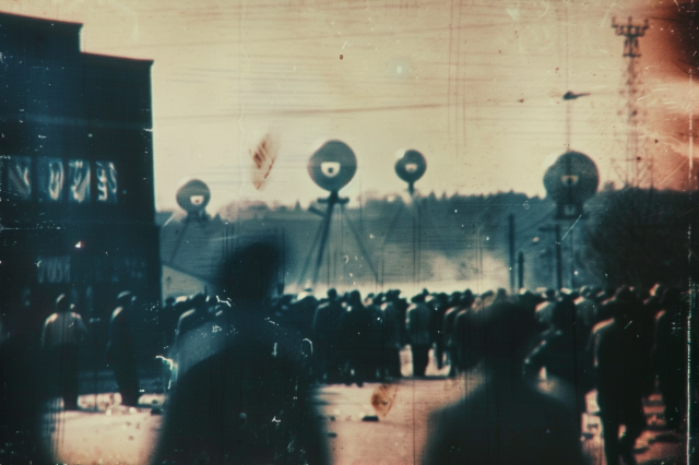 A restive crowd gathers in a street underneath the watchful gaze of large security or surveillance devices on tripods