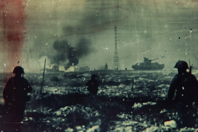 Soldiers stand in desolate fields as very large tanks roll along the horizon past a radio tower