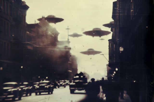 Flying saucers over the streets of a city