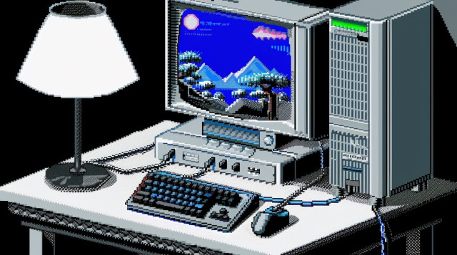 A pixel art depiction of a vintage computer setup. The scene includes a bulky CRT monitor displaying a vibrant pixel landscape with a night sky. Next to the monitor is a tall, tower-style desktop computer with a green power light, indicating it’s turned on. In front of the monitor sits a keyboard with a noticeable blue backlight and a wired mouse to the side.

The desk is detailed, with textures that suggest a wood grain finish, and a classic desk lamp stands to the left, adding a touch of warmth to the scene. The artwork evokes nostalgia for the early days of personal computing, where such setups were common for gaming, programming, or general use. The pixel art style is reminiscent of the graphics from games of that era, reinforcing the retro theme.