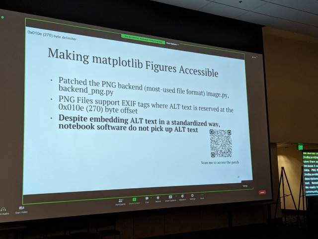 Screenshot of a presentation screen.

Making matplotlib figures accessible
Patched the PNG backend
Despite embedding ALT text in a standardized way, notebook software do not pick up ALT text