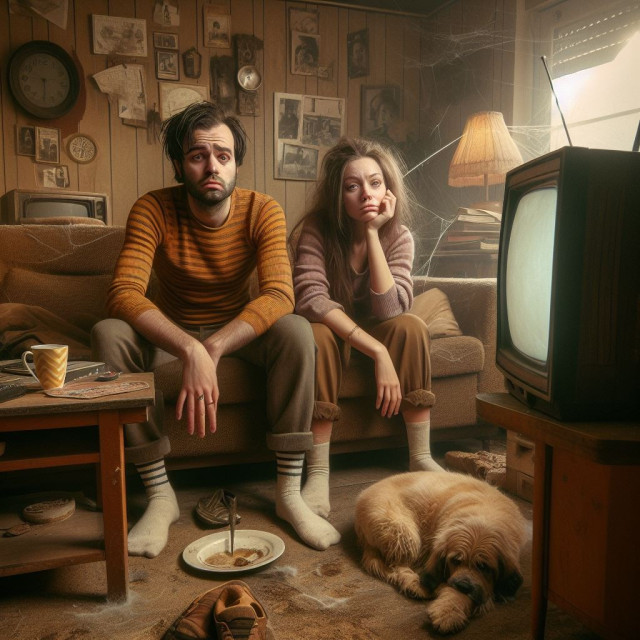 An AI generated picture of a tired looking couple who are wearing boring clothes and watching tv in a livingroom from the 1970s. brown colors. An old dog is sleeping on the floor in front of them.