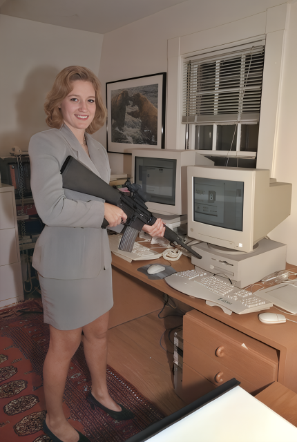 Old photo, showing a young woman pointing an automatic rifle at a personal computer, while smiling at the camera.